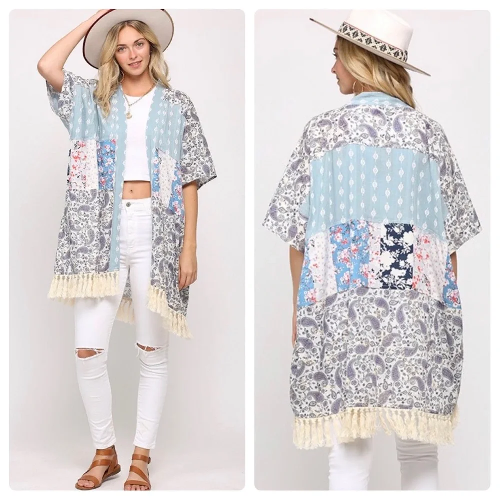 $20 start 265 ❤️ Mixed print fringe kimono - Picture 1 of 4